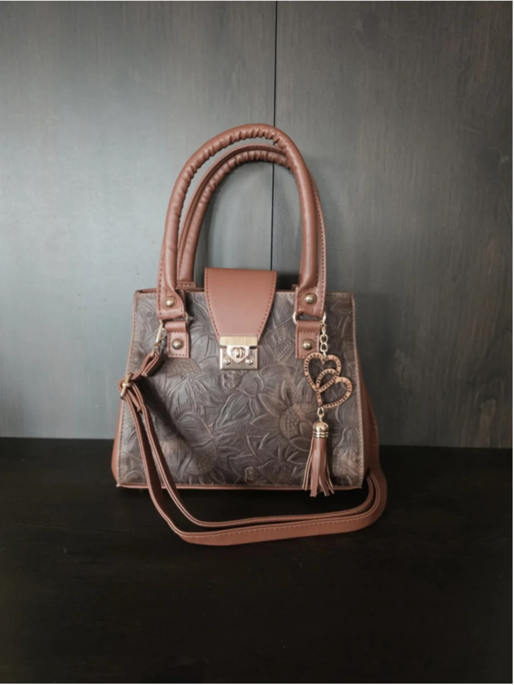 Chocolate Brown Tasseled Floral Embossed Tooled Artisan LEATHER Crossbody Purse